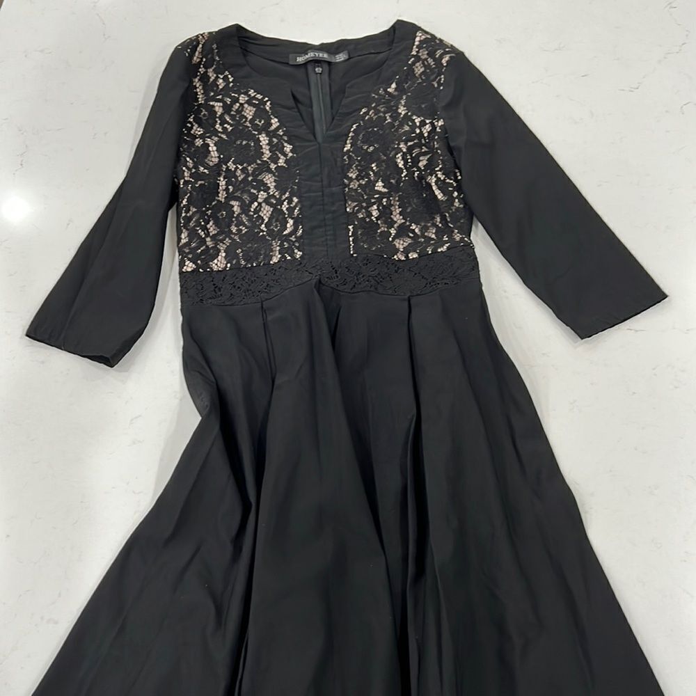 HOMEYEE Women's Chic Crew Neck 3/4 Sleeve Dress Black Lace
